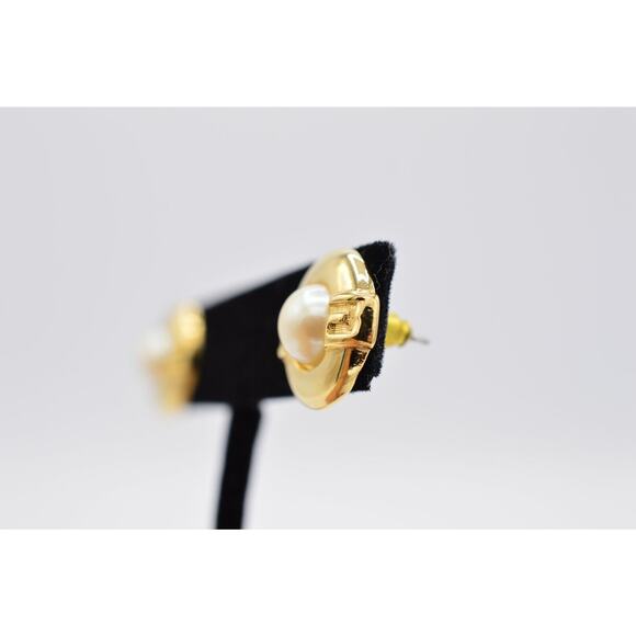 Givenchy Vintage Pearl Stud Earrings G GG Logo Gold Round Signed Post 1980s BinZ - Picture 9 of 12